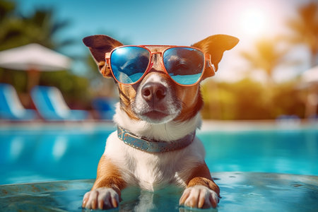 A cute dog wearing sunglasses and standing in a puddleの素材