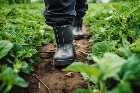 Close-up of a farmer's feet in rubber bootsの素材