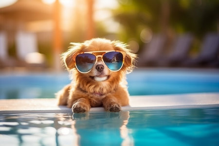 A cute dog wearing sunglasses and standing in a puddleの素材
