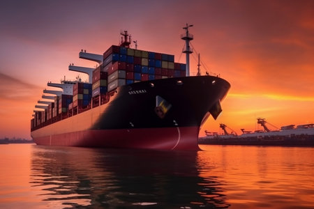 Large container ship sailing on the ocean, representing business logisticsの素材