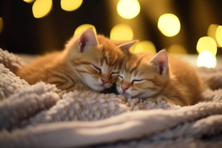 Adorable kittens on a blanket on a bed at nightの素材