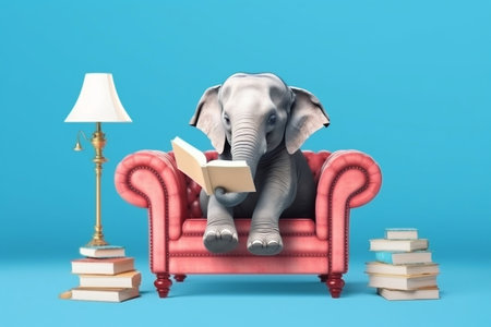 Elephant reading a book and learning on a sofaの素材