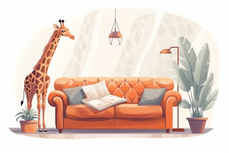 Giraffe reading a book on a sofa, learning and enjoyingの素材