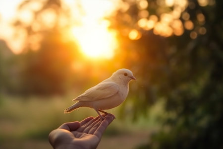 A free bird enjoying nature against a sunset backdropの素材