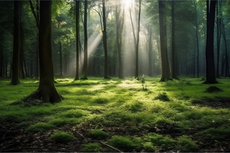 Green Forest with Beautiful Rays of Sun Generative AIの素材