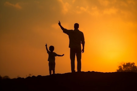 Happy family, father and child, enjoying a sunsetの素材