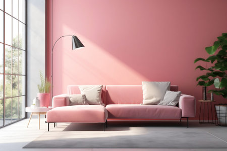 Living Room Interior with Pink Sofa and Cozy Atmosphere Generative AIの素材