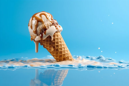 Melting ice cream cone on a soft blue backgroundの素材