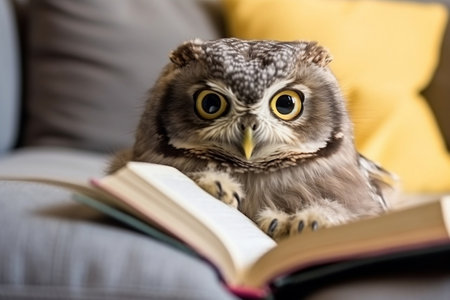 An owl reading a book on a sofa, learning and knowledgeの素材