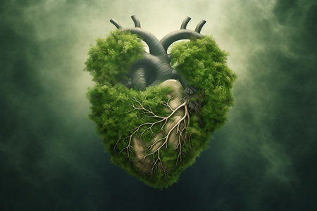 Illustration of green trees shaped like a human heartの素材