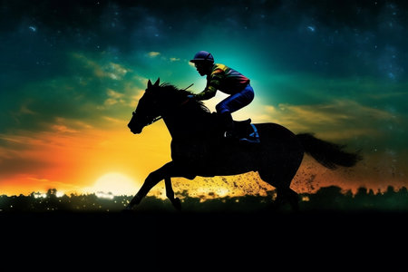 Illustration of horse racing at night with the silhouette of a thoroughbredの素材