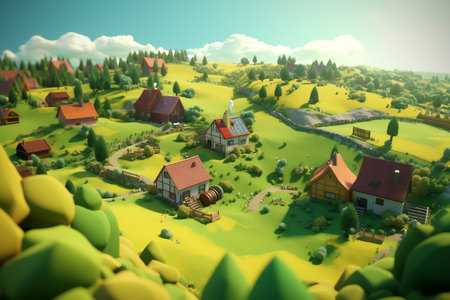 Idyllic Village Nestled Amongst Beautiful Green Fields Generative AIの素材