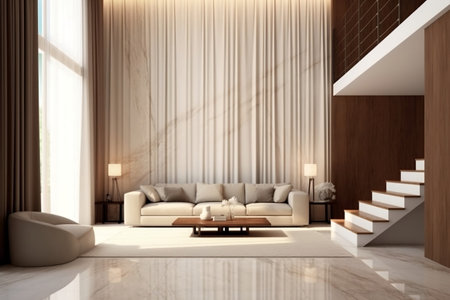 Illustration of a white marble floor tile in a brown wall hall - Luxury living conceptの素材