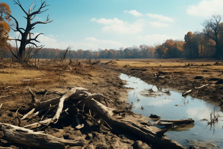 Hyper-Realistic Depiction of a Barren River with Dead Trees Generative AIの素材