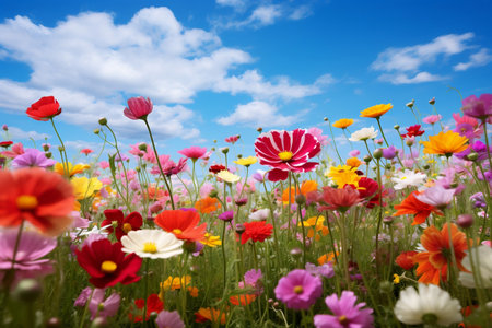Field of Beautiful Flowers on a Bright Day Generative AIの素材