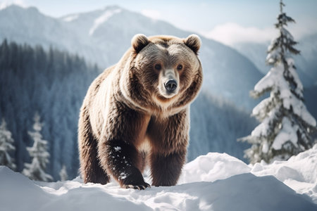 Brown Bear Roaming the Snowy Peaks. Generative Aiの素材