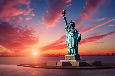 Statue's Glow: Serene Sunset Illuminates the Majestic Statue of Liberty - Generative AIの素材