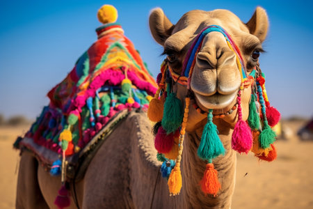 Festive Beauty: A Beautiful Decorated Camel Smiling with Generative AIの素材