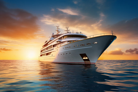 White cruise liner moving to the sea at sunny dayの素材