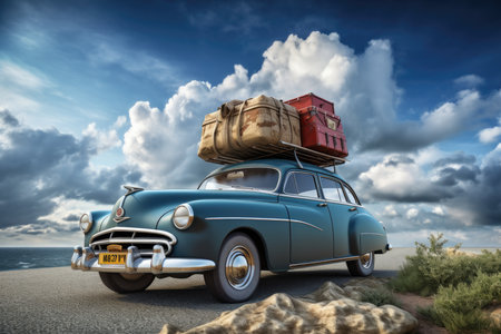 Car Ready for Adventure with Suitcase on Roof.の素材