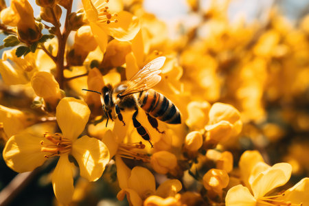 Close Up of Bee on Yellow Flowers.の素材