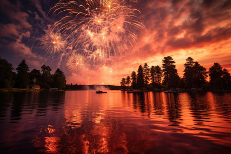 Lakeside Celebration Colorful Fireworks.の素材