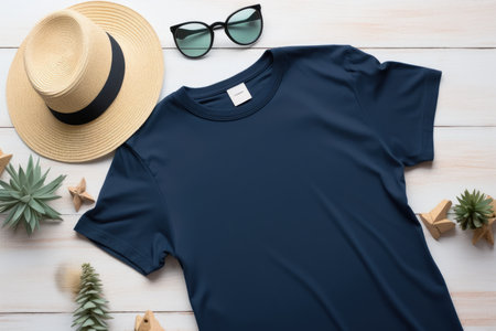Stylish Navy T Shirt Mockup with Sunglasses.の素材
