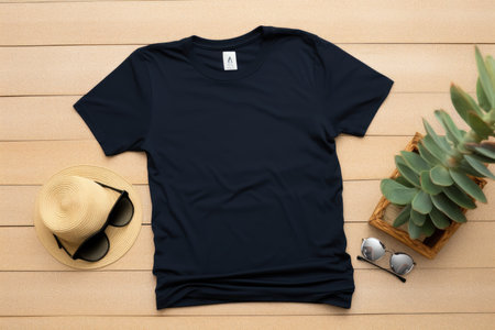 Flatlay Navy Tee Mockup and Sunglasses.の素材