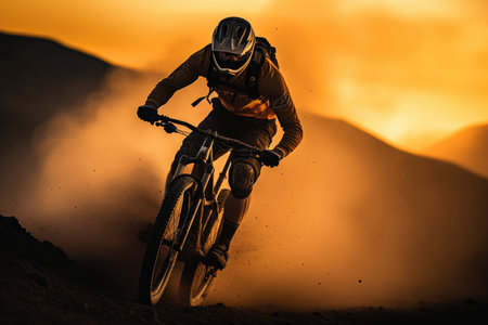 Riding into the Sunset: Mountain Biker in the Dust.の素材