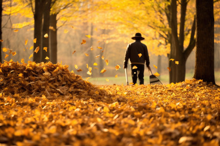 Seasonal Tasks Raking Autumn Leaves.の素材
