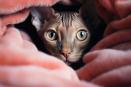 Sphinx Cat Relaxing Under Cozy Covering.の素材