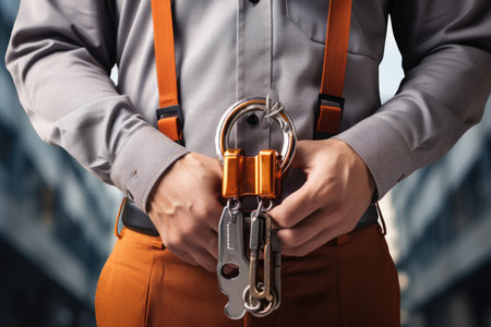Industrial Worker with Carabiner Equipment.の素材