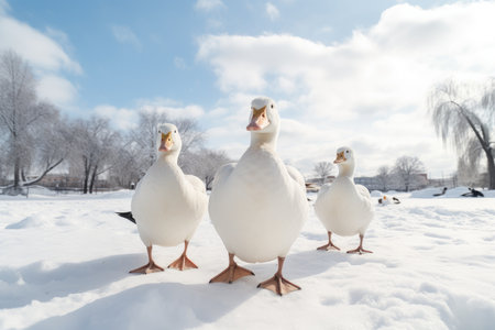 Snow Covered Ground with White Ducks.の素材