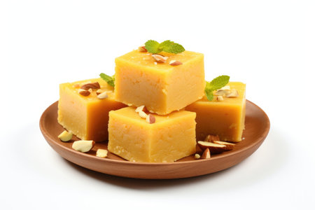Rich and Sweet Chickpea Flour Burfi Isolated on White Background.の素材
