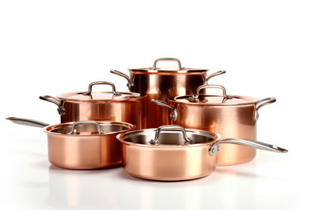Kitchen Elegance: Copper Pots and Pans Ensemble Isolated on White Background.の素材