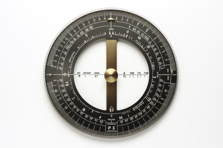 Angular Precision: Unveiling the Protractor Isolated on White Background.の素材