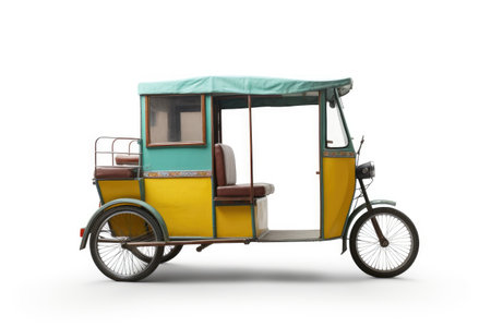 Urban Charm: Exploring the Cityscape on a Rickshaw Isolated on White Background.の素材