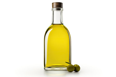 Organic Olive Oil Bottle with Leaf Embellishment Isolated on White Backgroundの素材
