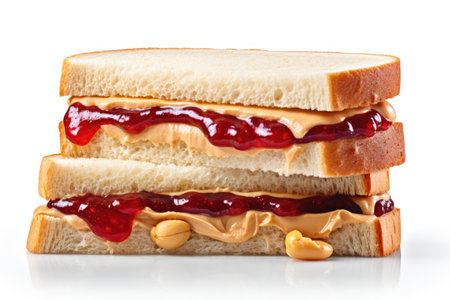 Layered Peanut Butter and Jelly Sandwich Isolated on White Backgroundの素材