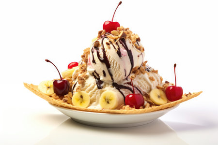 Split Symphony: A Medley of Flavors in Banana Split Ice Cream isolated on white backgroundの素材