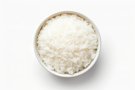 Ivory Elegance: Culinary Delight in a White Rice Bowl isolated on white backgroundの素材
