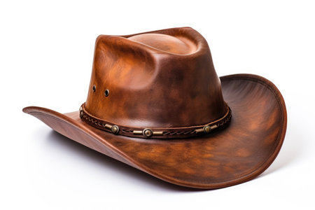 Bronc Brio: Brown Leather Rodeo Hat for the Spirited Rider isolated on white backgroundの素材