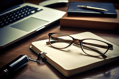 Modern Office Setup: Laptop, Notebook, Glasses, and Pen on Deskの素材
