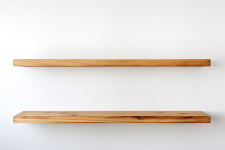 Wooden Wall Shelves Displays Isolated On White Backgroundの素材