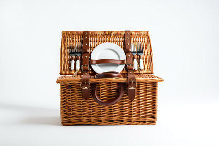 Handwoven Picnic Basket Isolated On White Backgroundの素材