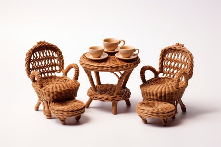 Wicker Miniature Tiny Dining Set Isolated On White Backgroundの素材