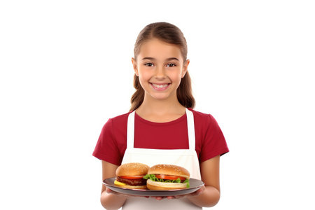 Homemade Burger Joy in the Hands of a Young Girl Isolated On White Backgroundの素材