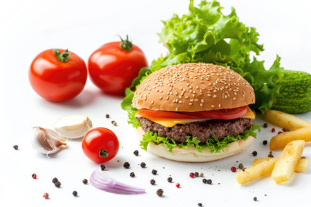 Burger Ingredients Breakdown Isolated On White Background.の素材