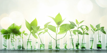 Laboratory glassware with green plants on light bokeh backgroundの素材