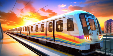 High speed train in the city at sunset. 3D rendering.の素材